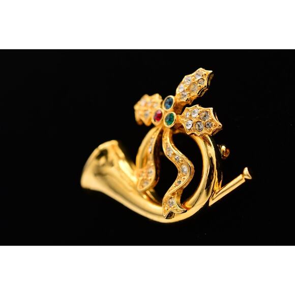 Merksamer Vintage Horn Pin Brooch Rhinestone Crystal Gold Tone Signed 90s BinAT - Picture 2 of 12